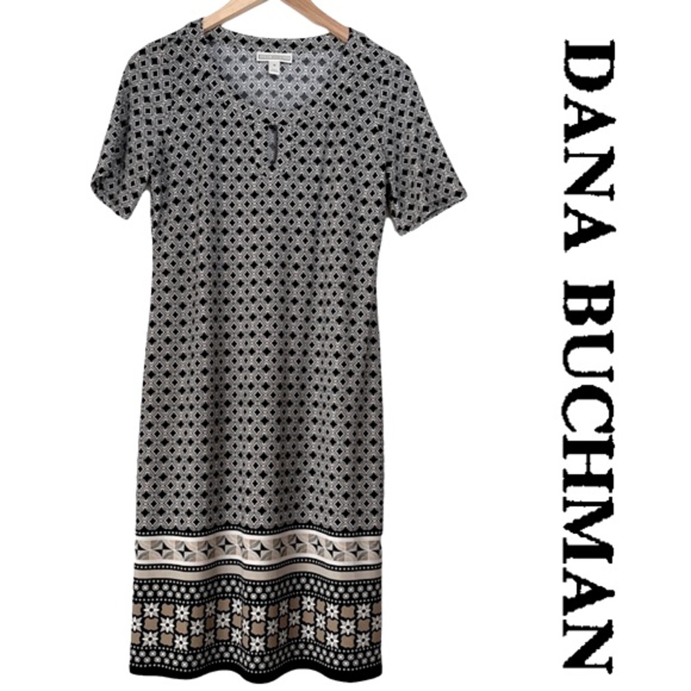 DANA BUCHMAN Short Sleeve Sheath Dress Black White Tan Geometric Print Small - Picture 9 of 10